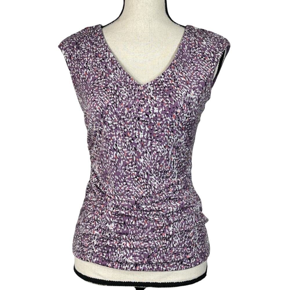 WHBM X-Small Top Abstract Sleeveless V-Neck Lined Stretch Ruched Side Multicolor